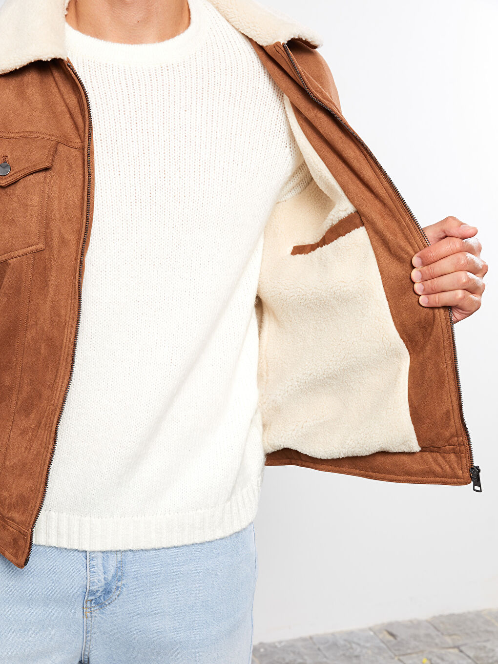 بالطو جلد شمواه بياقة قميص عادي للرجال-4