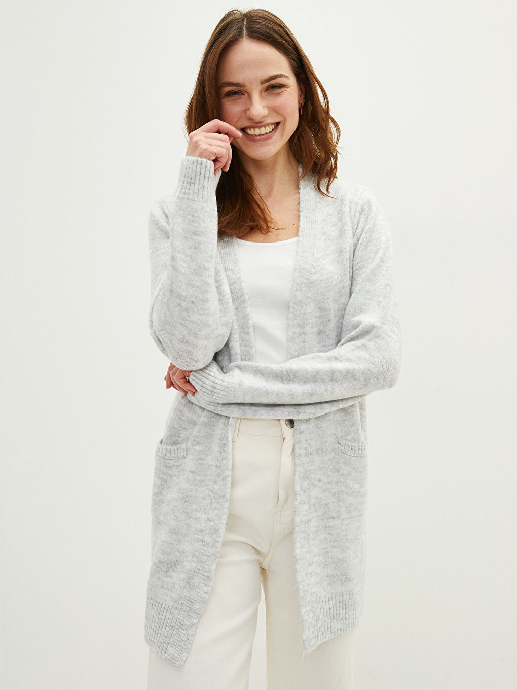 Gri Şal Yaka Düz Cep Detaylı Kadın Triko Hırka