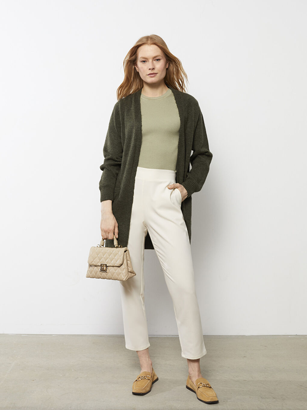 Haki Şal Yaka Düz Cep Detaylı Kadın Triko Hırka-1