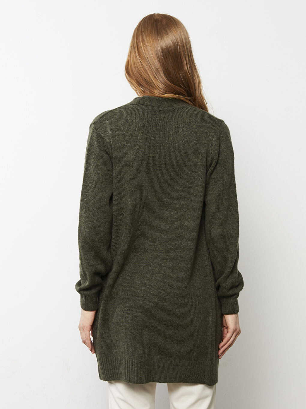 Haki Şal Yaka Düz Cep Detaylı Kadın Triko Hırka-3