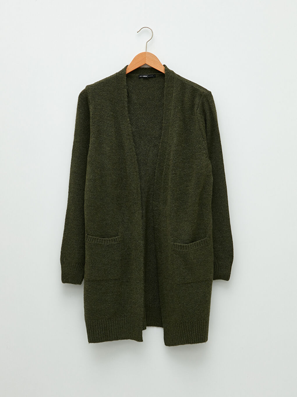 Haki Şal Yaka Düz Cep Detaylı Kadın Triko Hırka-4