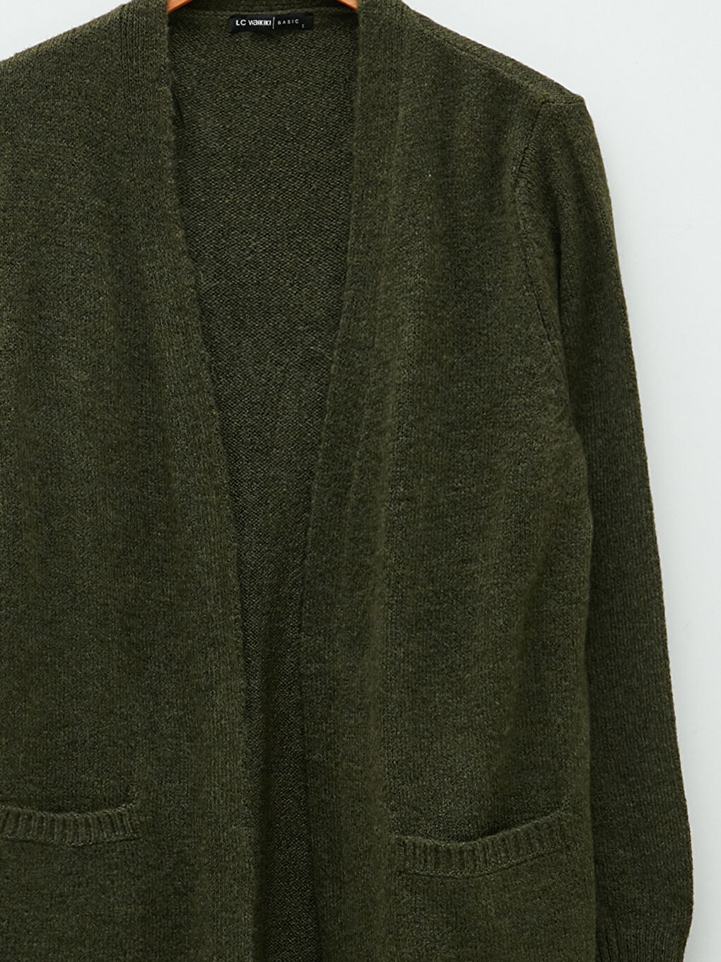 Haki Şal Yaka Düz Cep Detaylı Kadın Triko Hırka-6