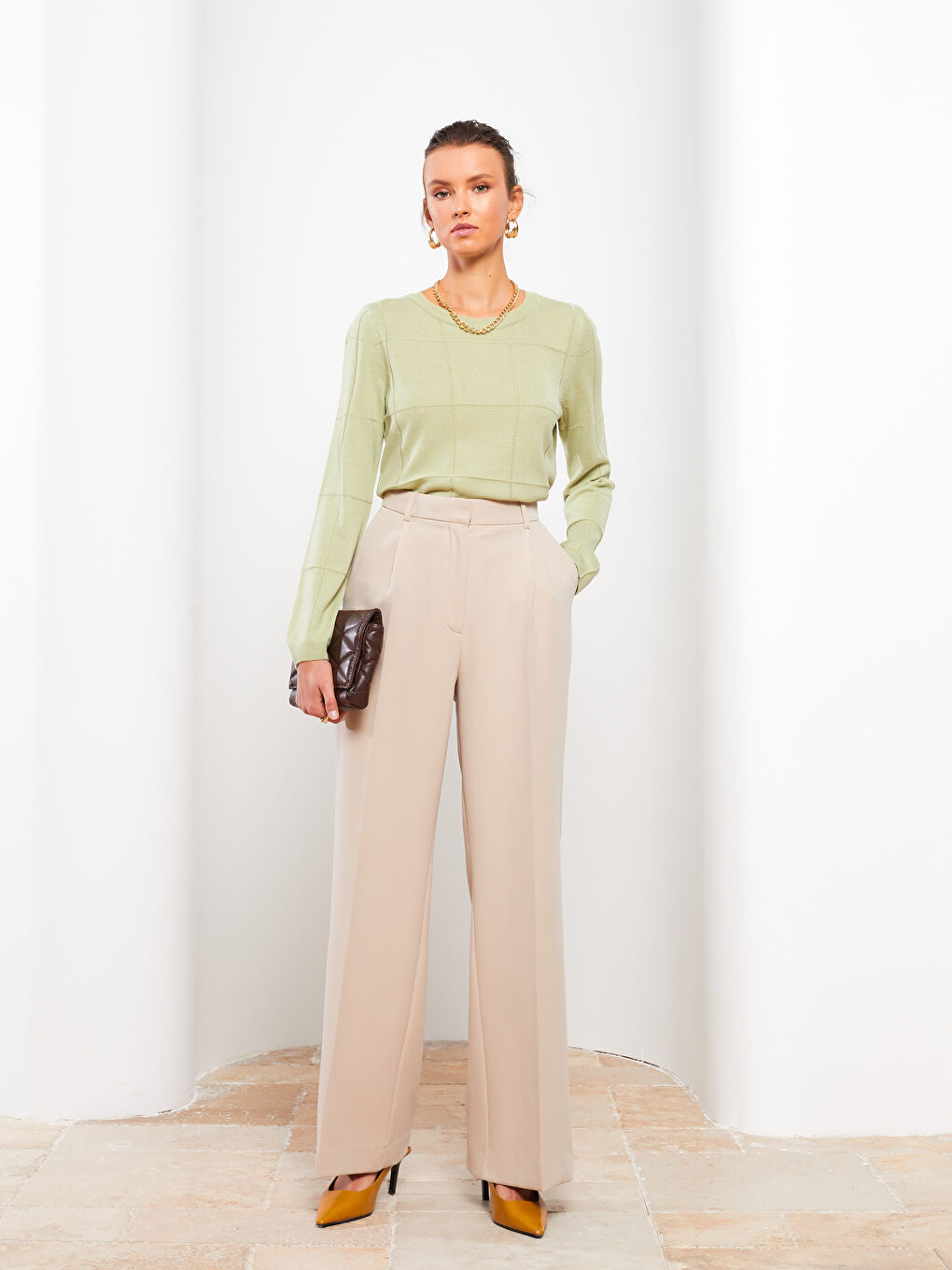 Crew Neck Self Patterned Long Sleeve Women's Knitwear Sweater-1