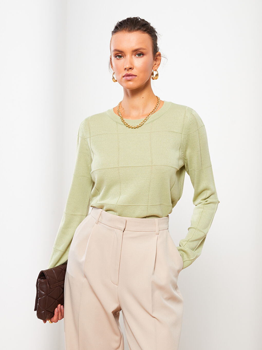 Crew Neck Self Patterned Long Sleeve Women's Knitwear Sweater-2