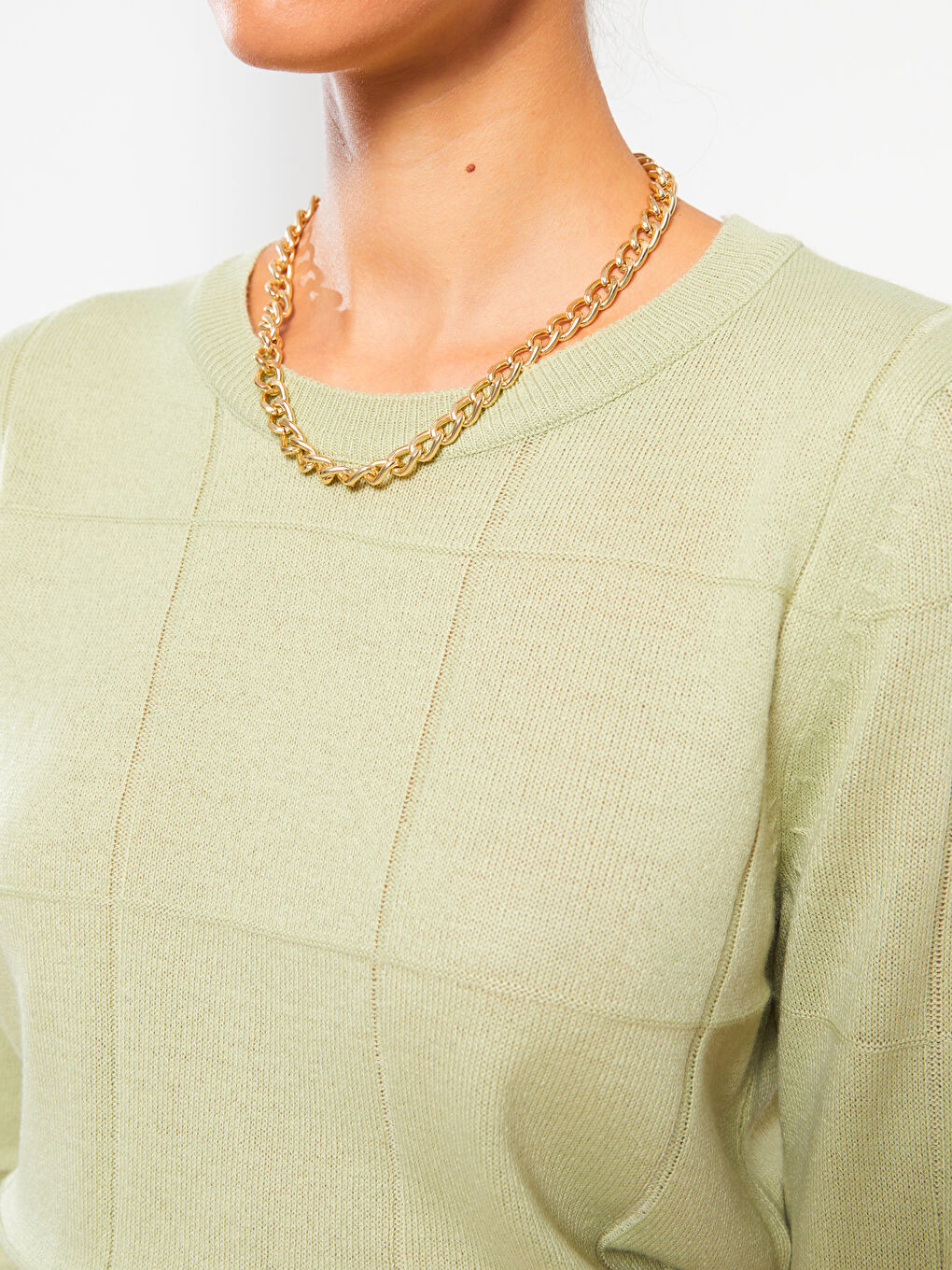 Crew Neck Self Patterned Long Sleeve Women's Knitwear Sweater-3