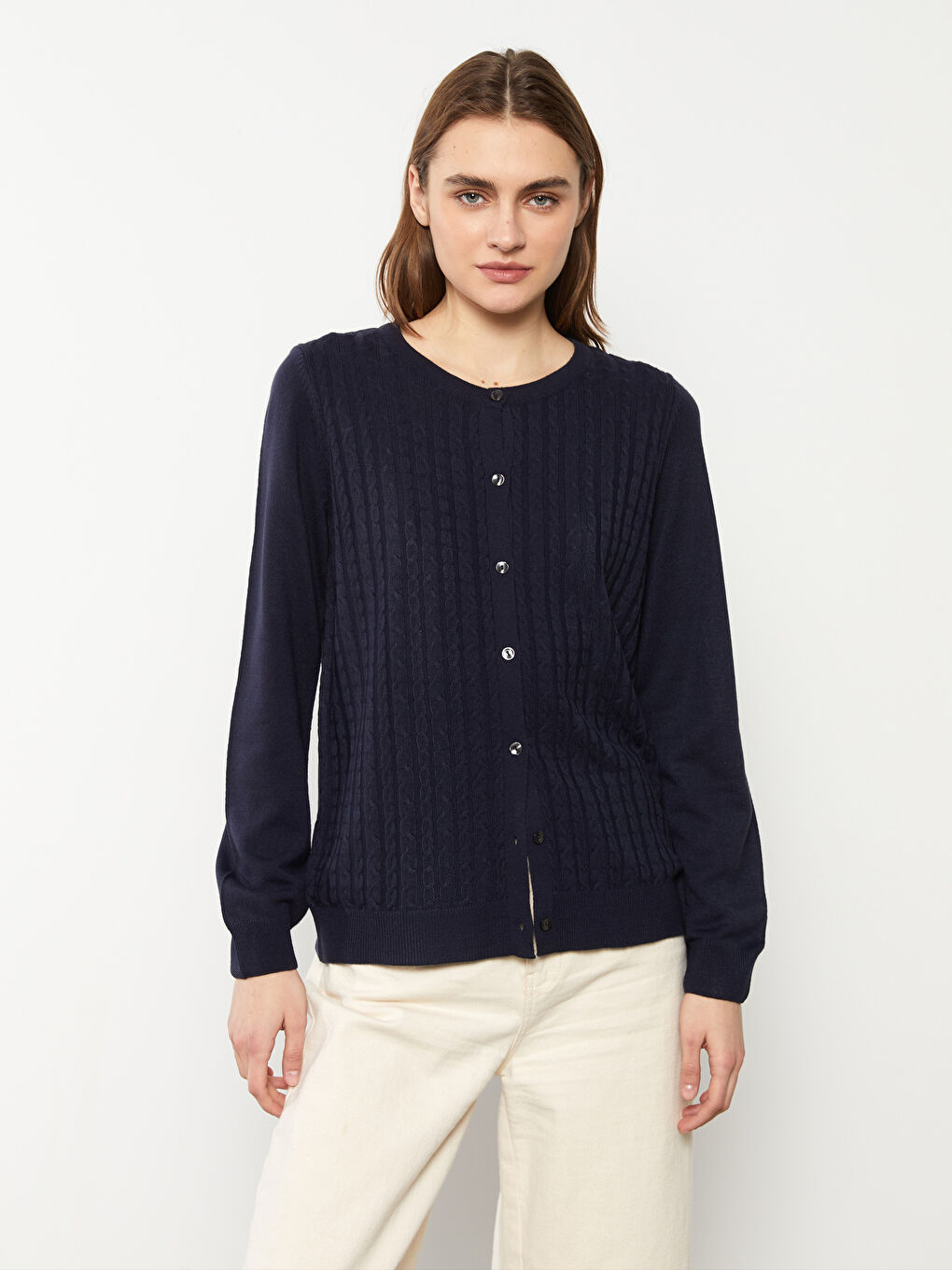 Crew Neck Self Patterned Long Sleeve Women's Tricot Cardigan-1