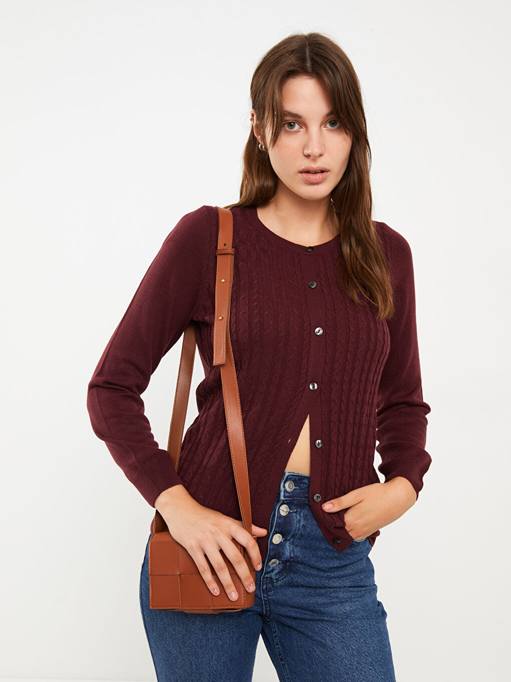 Crew Neck Self Patterned Long Sleeve Women's Tricot Cardigan-1