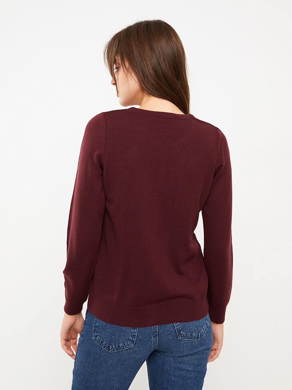 Crew Neck Self Patterned Long Sleeve Women's Tricot Cardigan-3