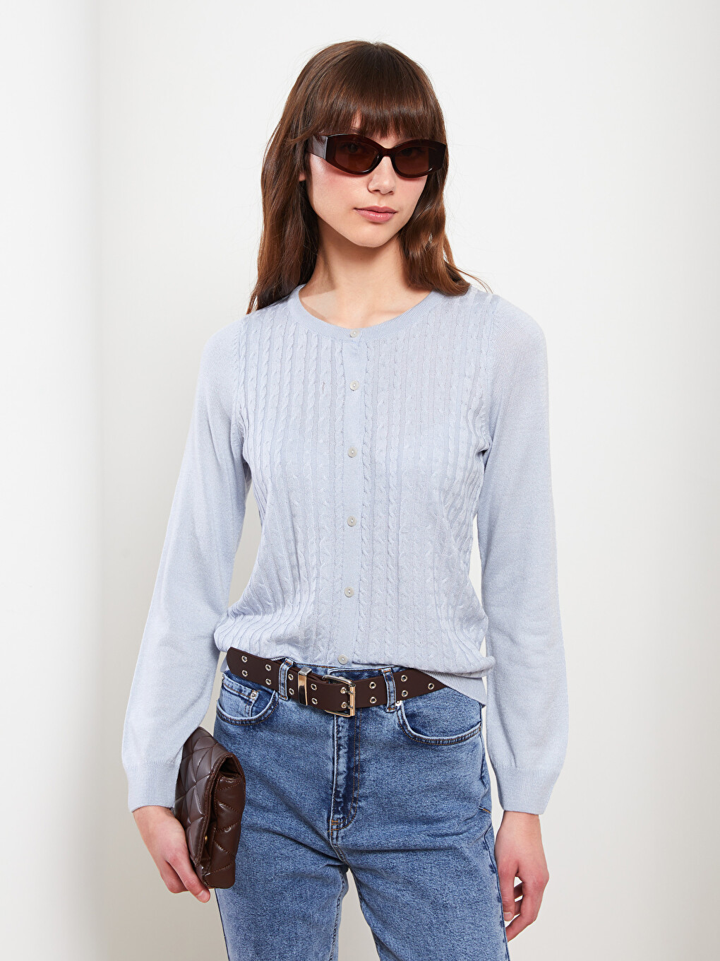 Crew Neck Self-patterned Women's Knitwear Cardigan-1