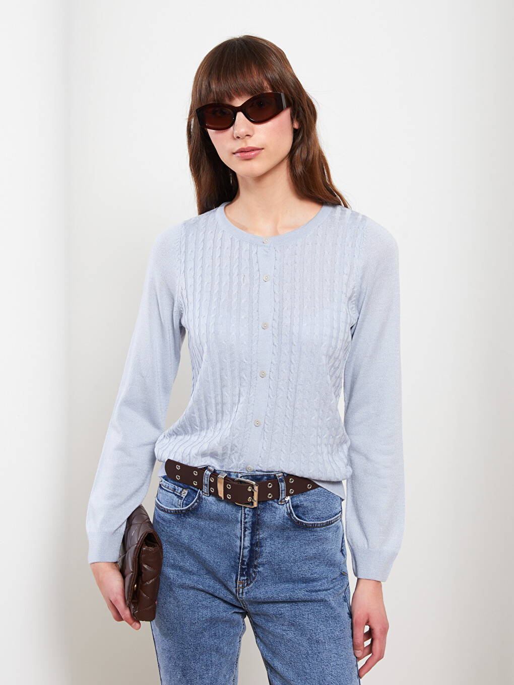 Crew Neck Self-patterned Women's Knitwear Cardigan-2