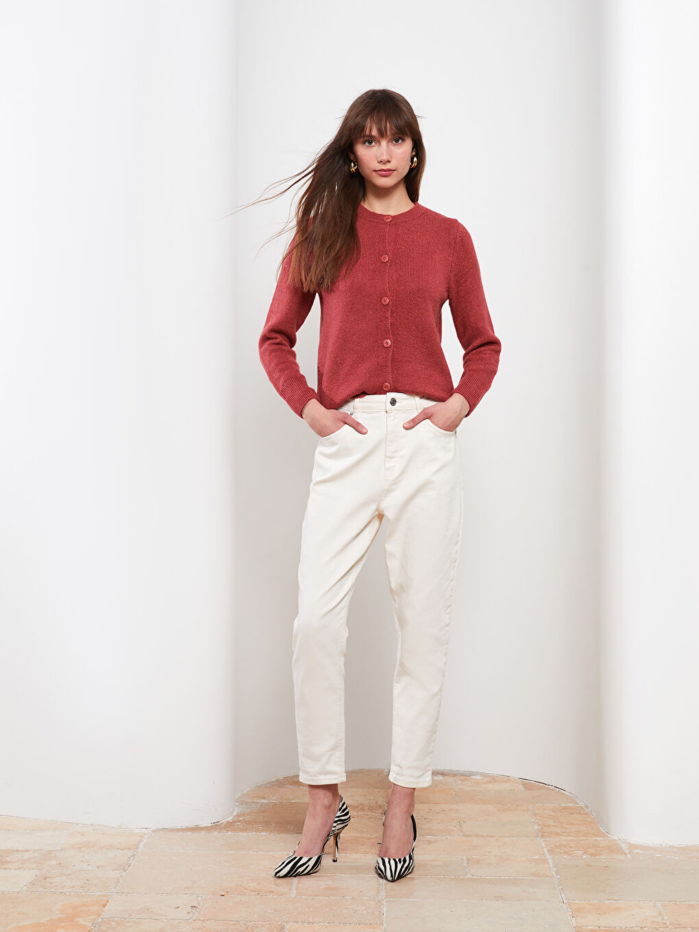 Kırmızı Bisiklet Yaka Düz Uzun Kollu Kadın Triko Hırka