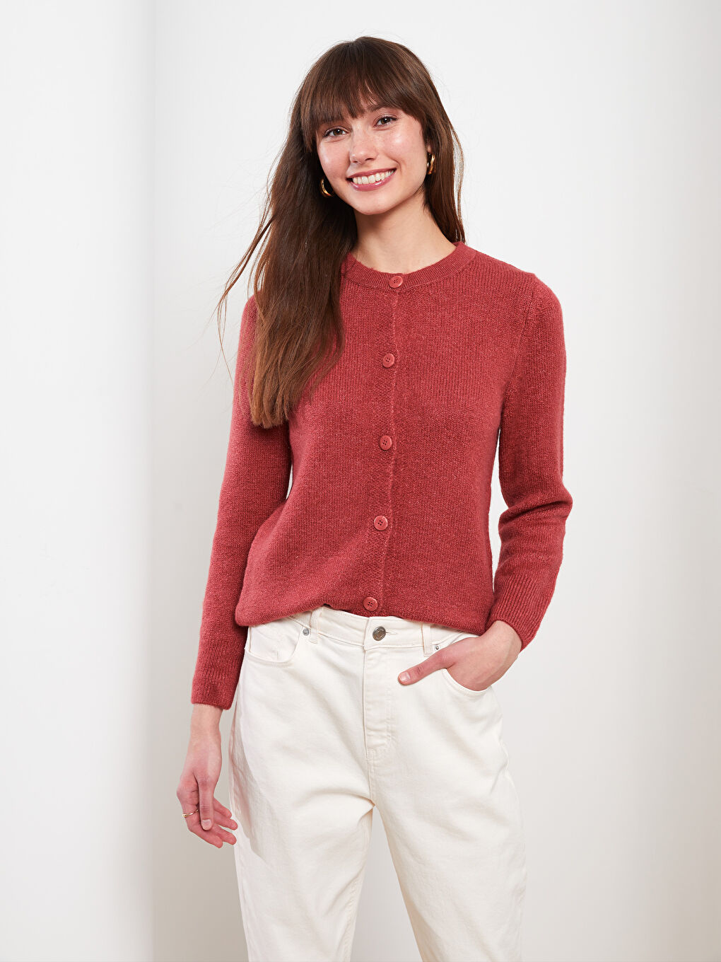 Kırmızı Bisiklet Yaka Düz Uzun Kollu Kadın Triko Hırka-1