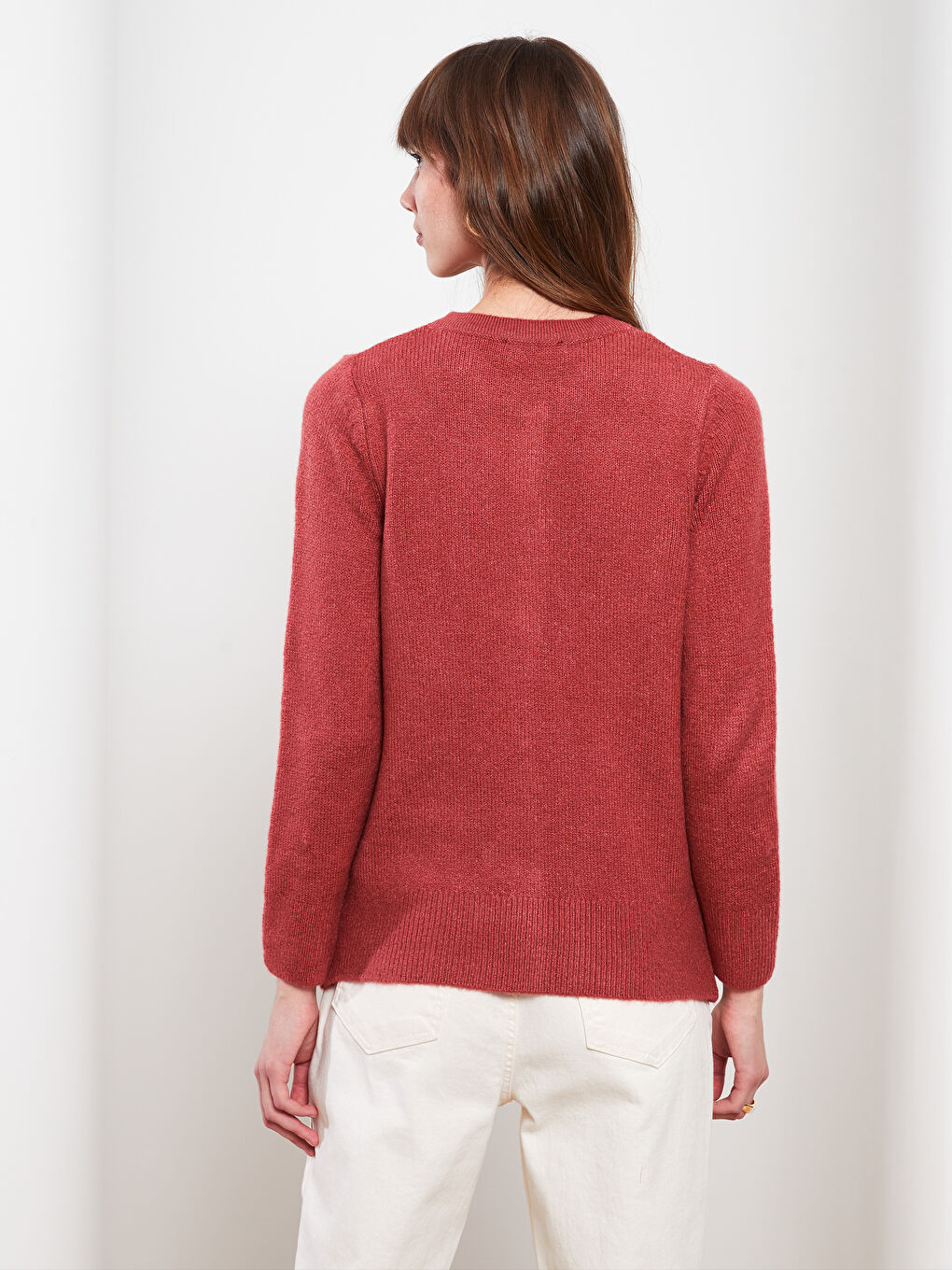 Kırmızı Bisiklet Yaka Düz Uzun Kollu Kadın Triko Hırka-4