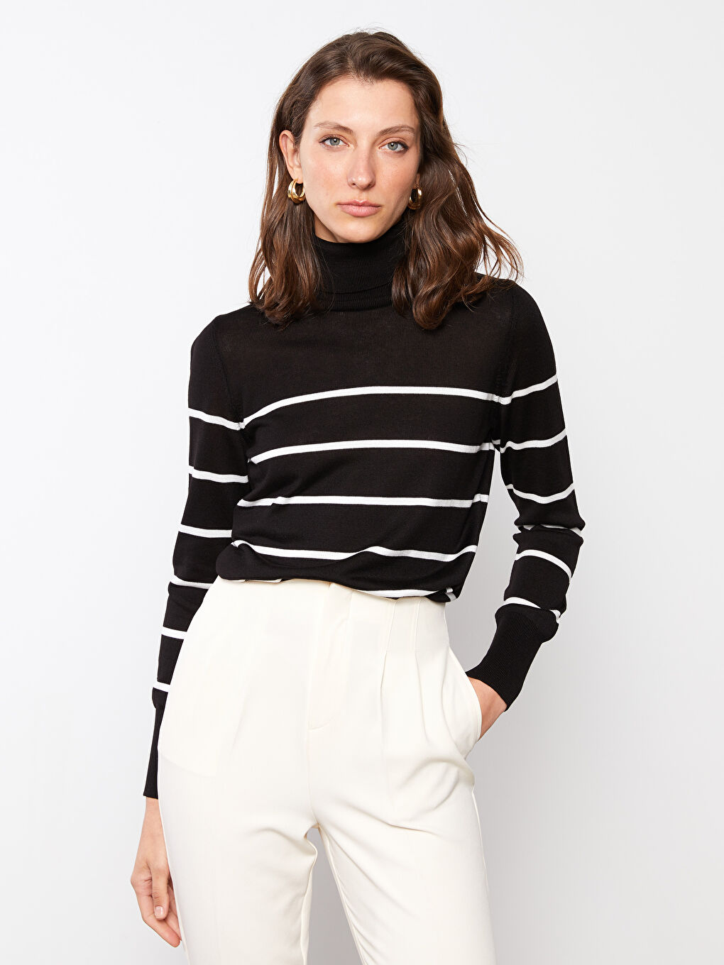 Siyah Balıkçı Yaka Çizgili Uzun Kollu Kadın Triko Kazak-1