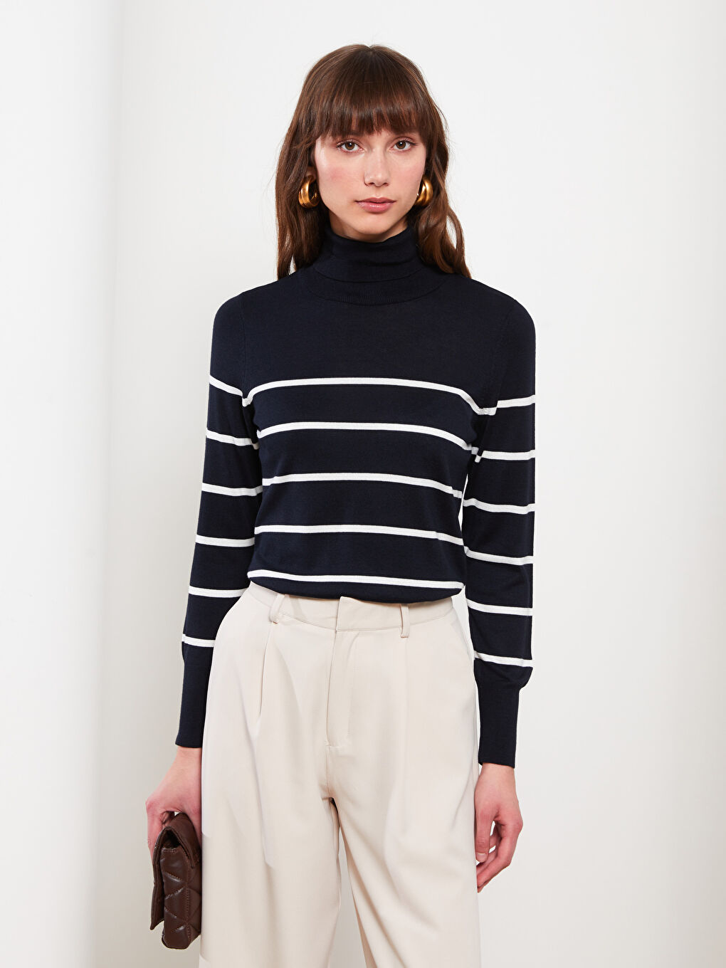 Поло раиран пуловер с дълъг ръкав за жени от трико-1