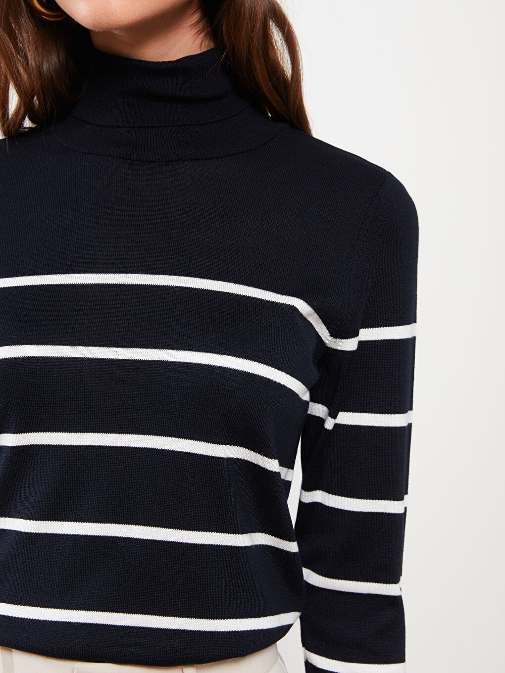 Поло раиран пуловер с дълъг ръкав за жени от трико-2