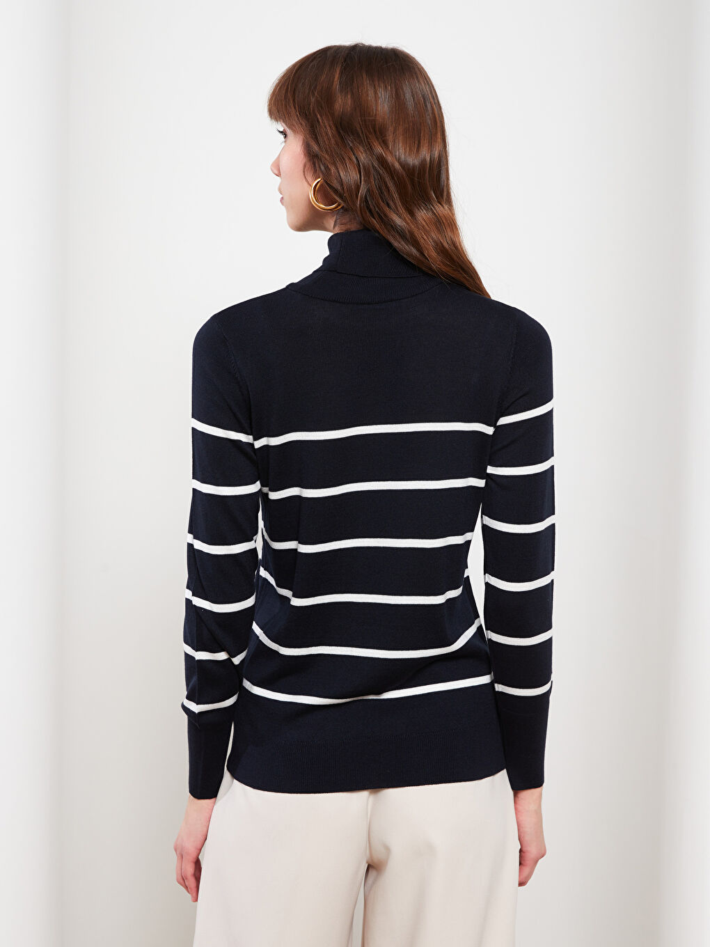 Поло раиран пуловер с дълъг ръкав за жени от трико-3