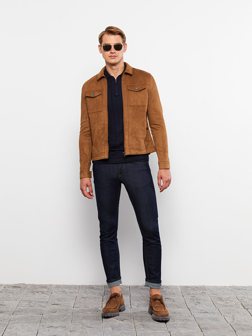 Bej Slim Fit Gömlek Yaka Erkek Süet Mont