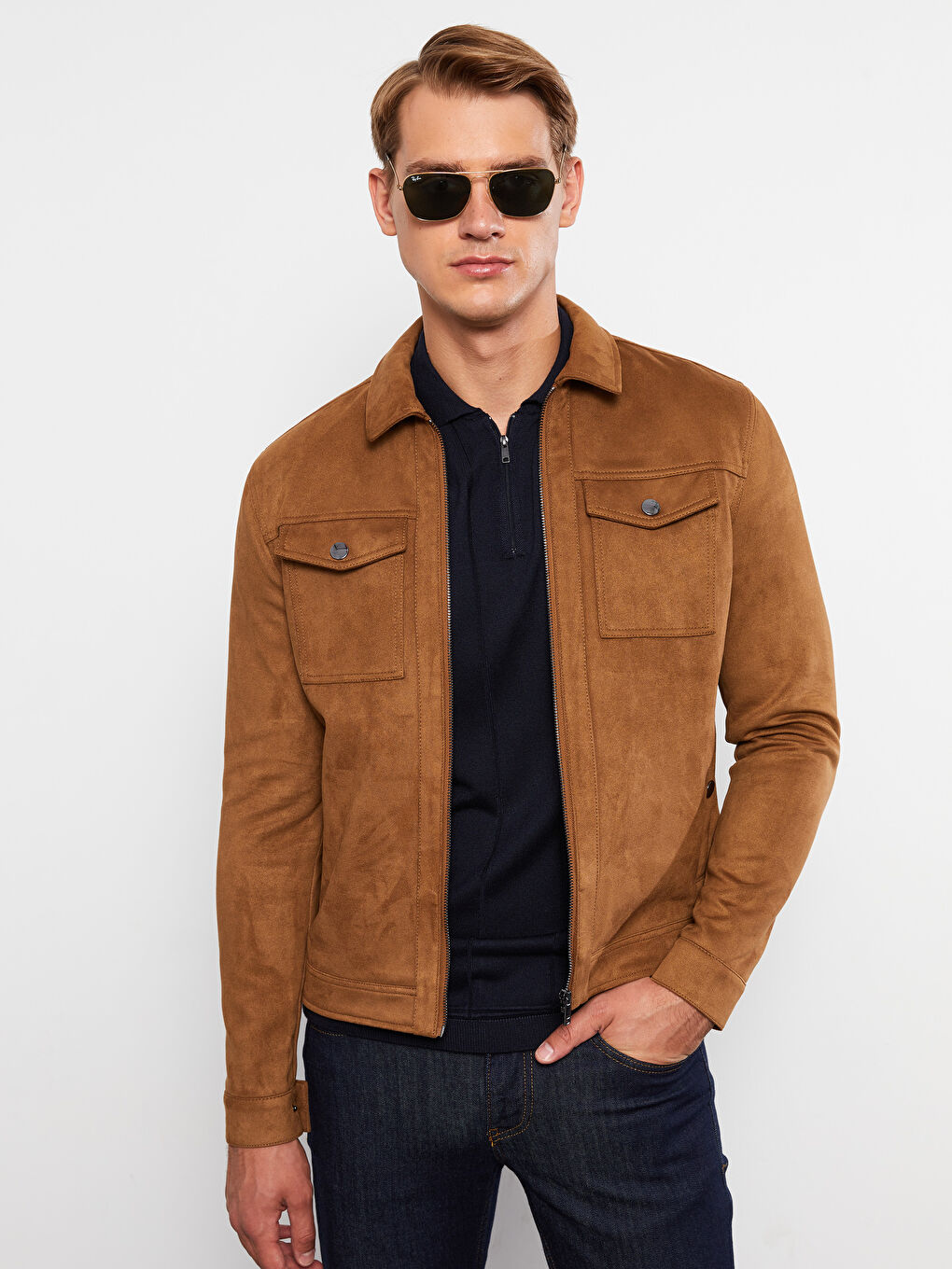 Bej Slim Fit Gömlek Yaka Erkek Süet Mont-1