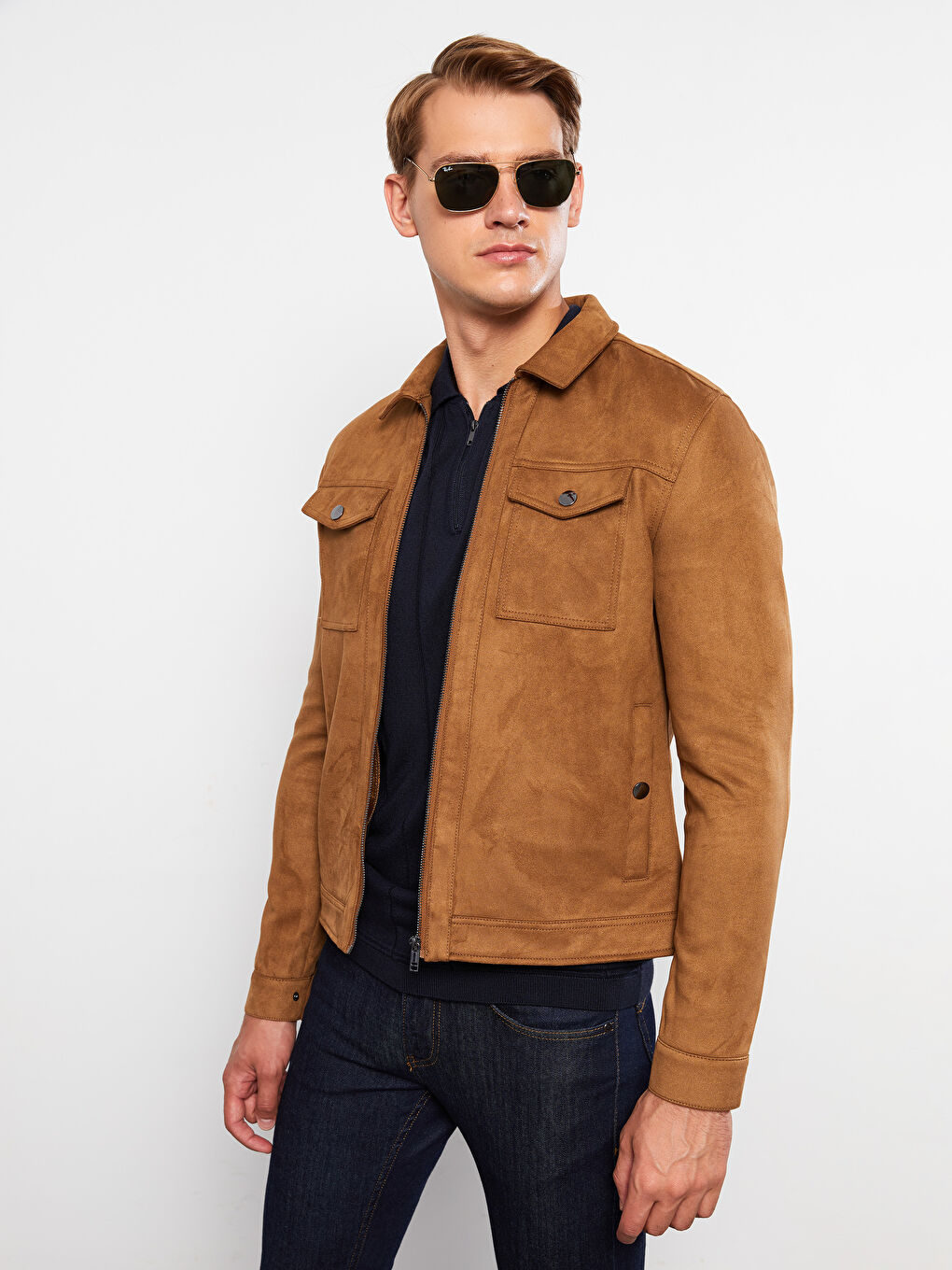 Bej Slim Fit Gömlek Yaka Erkek Süet Mont-2