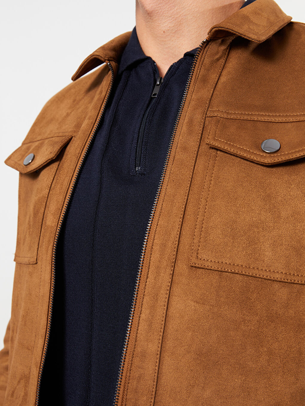 Bej Slim Fit Gömlek Yaka Erkek Süet Mont-4