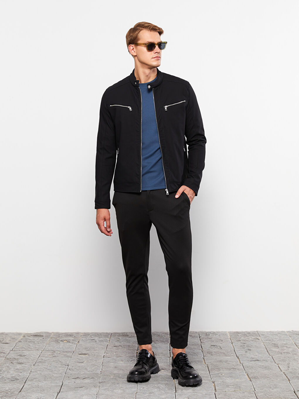 Siyah Slim Fit Biker Yaka Erkek Deri Görünümlü Mont