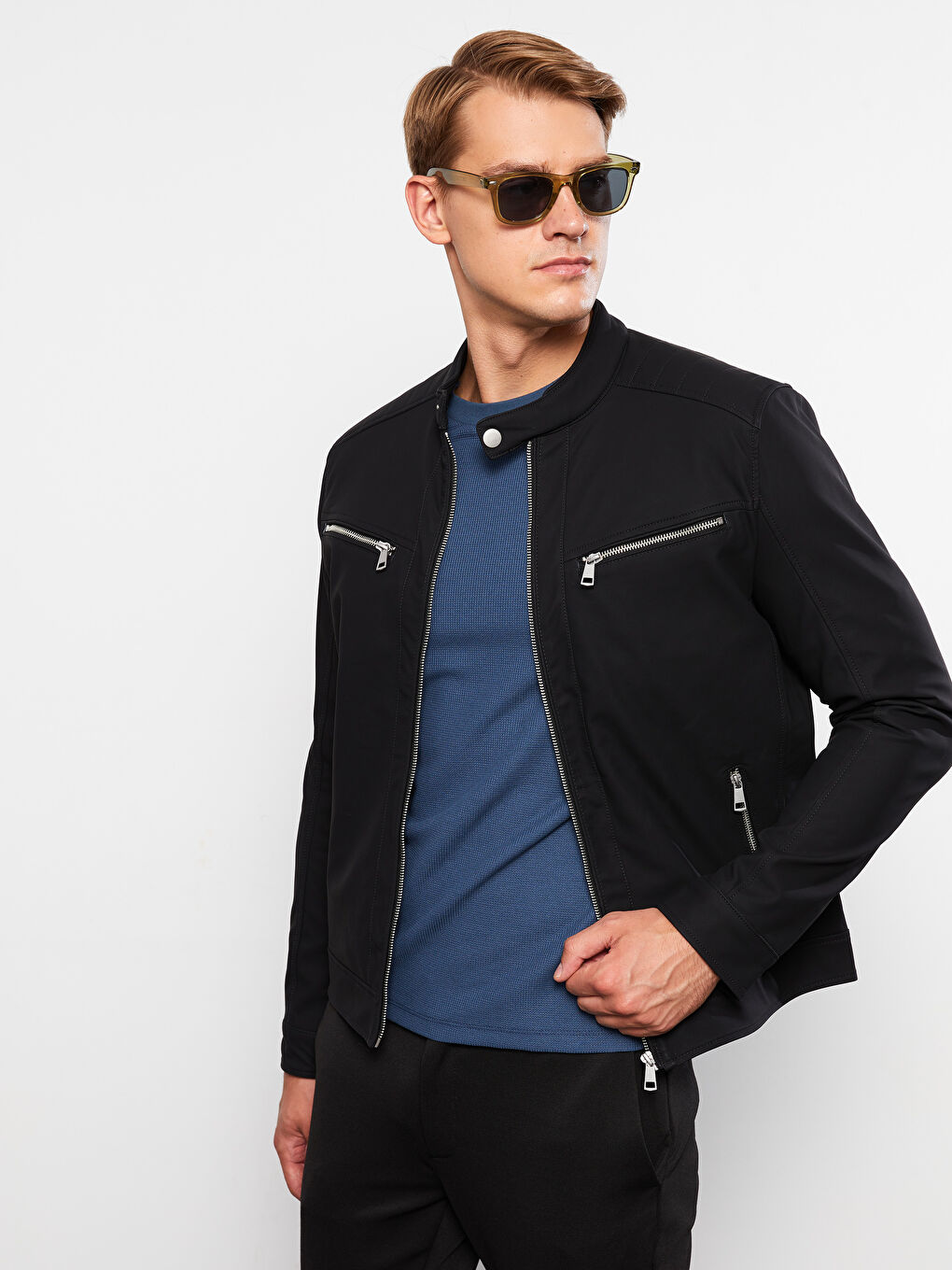 Siyah Slim Fit Biker Yaka Erkek Deri Görünümlü Mont-1