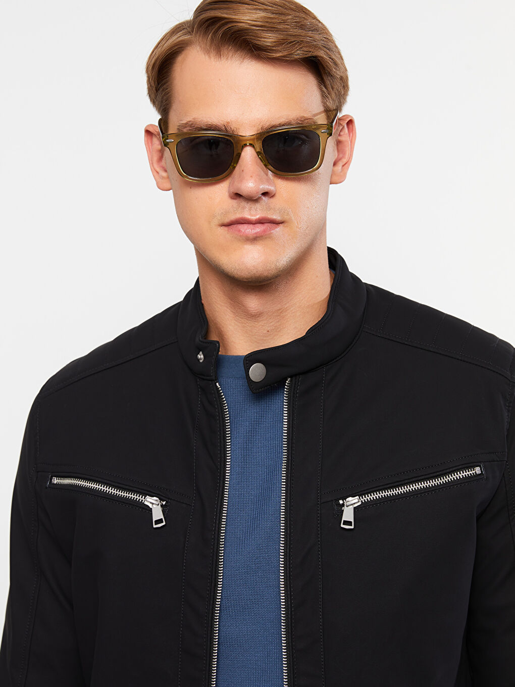 Siyah Slim Fit Biker Yaka Erkek Deri Görünümlü Mont-2