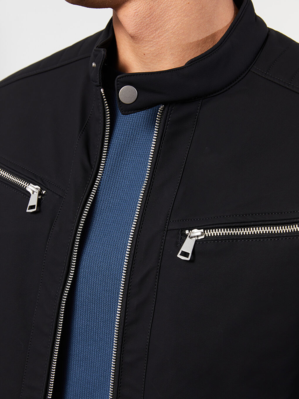 Siyah Slim Fit Biker Yaka Erkek Deri Görünümlü Mont-3