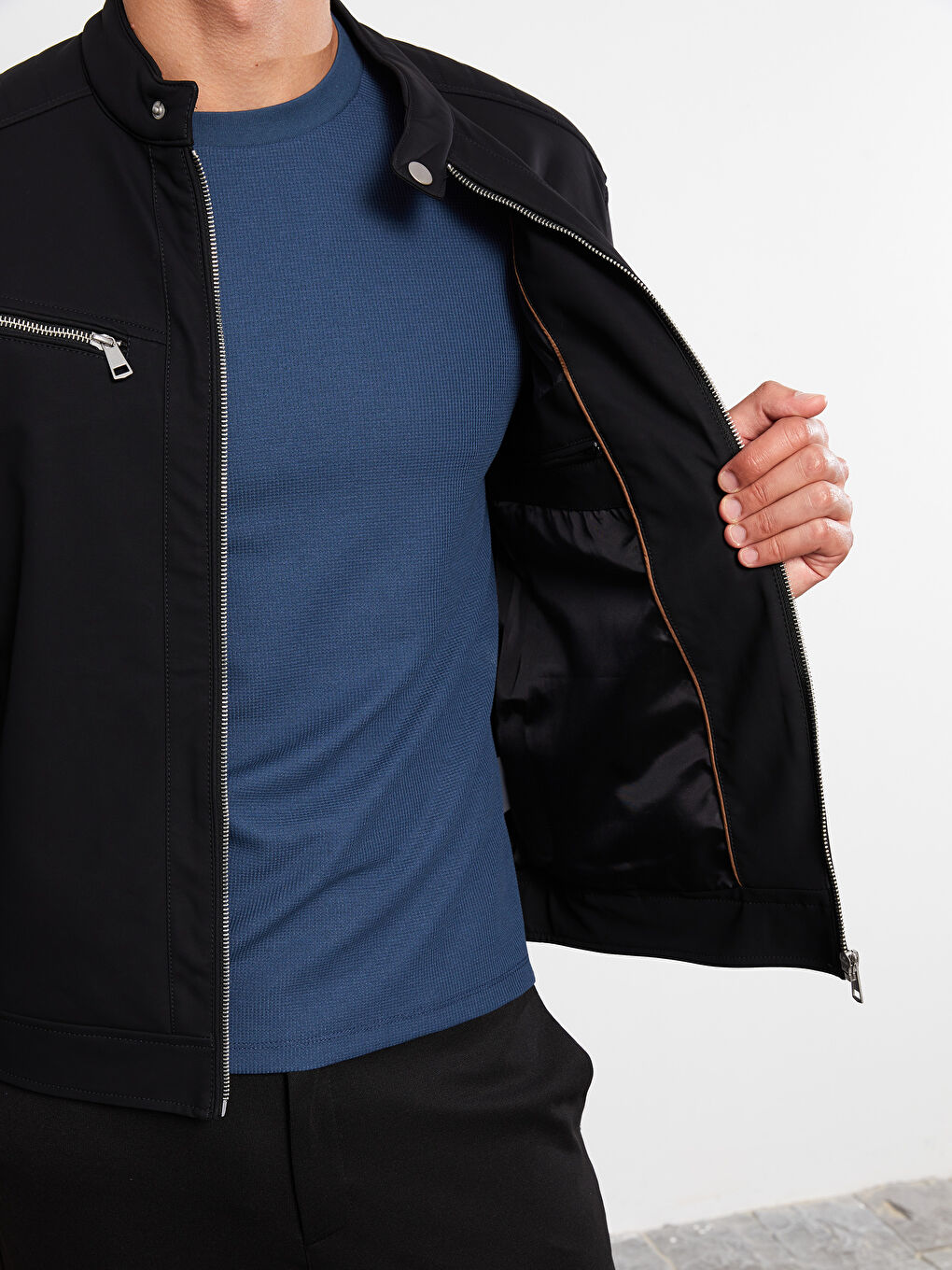 Siyah Slim Fit Biker Yaka Erkek Deri Görünümlü Mont-4