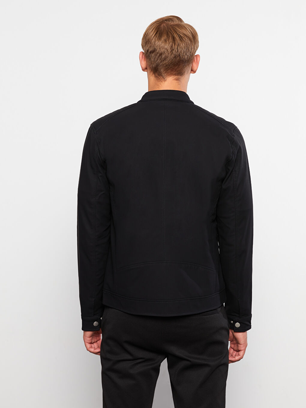 Siyah Slim Fit Biker Yaka Erkek Deri Görünümlü Mont-5