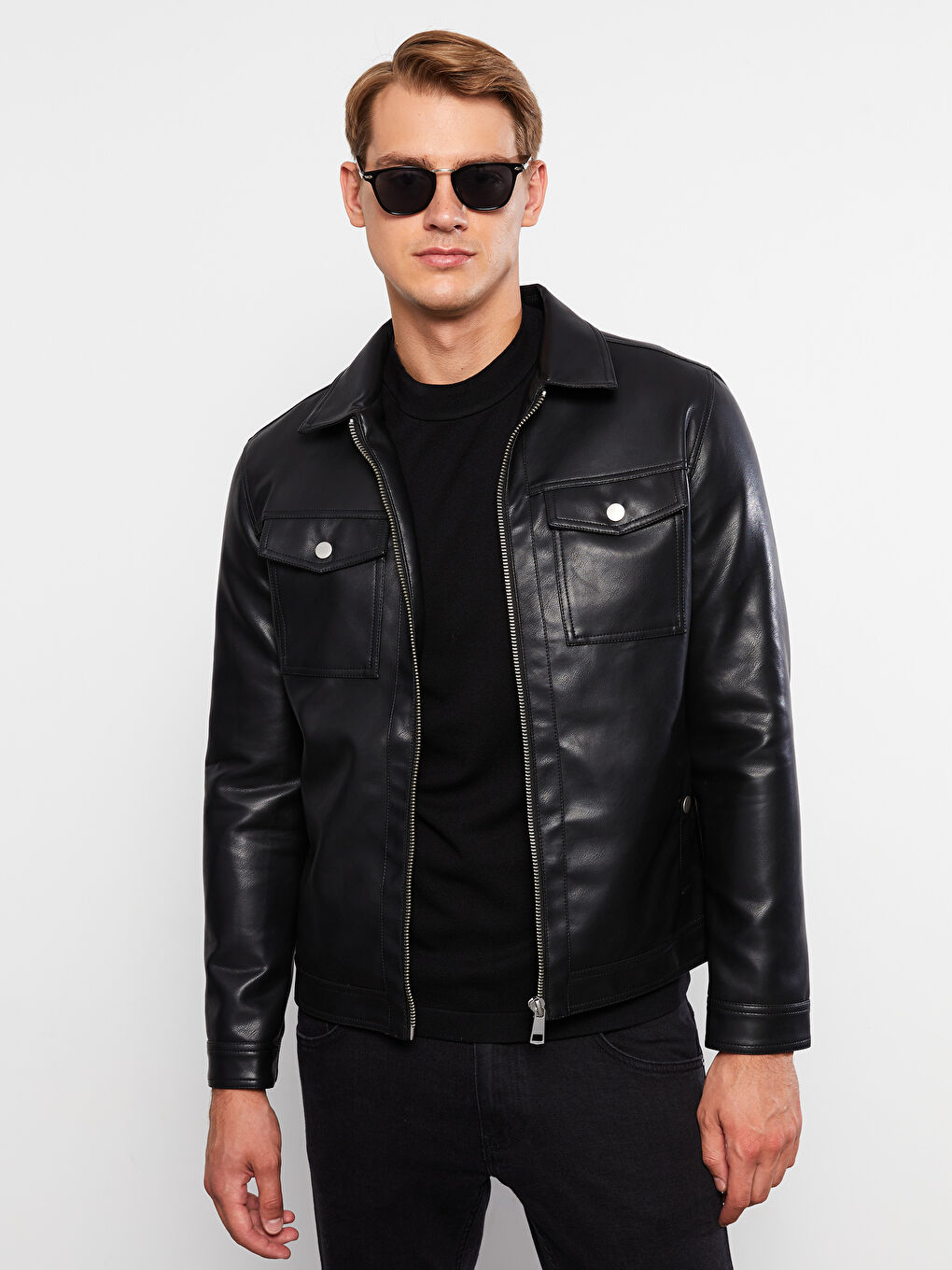 Siyah Slim Fit Gömlek Yaka Erkek Deri Görünümlü Mont-1