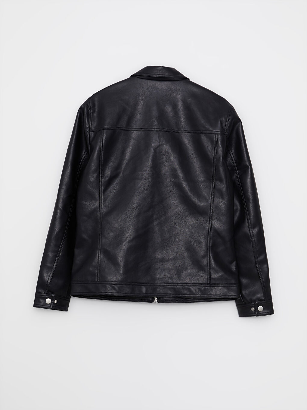 Siyah Slim Fit Gömlek Yaka Erkek Deri Görünümlü Mont-7