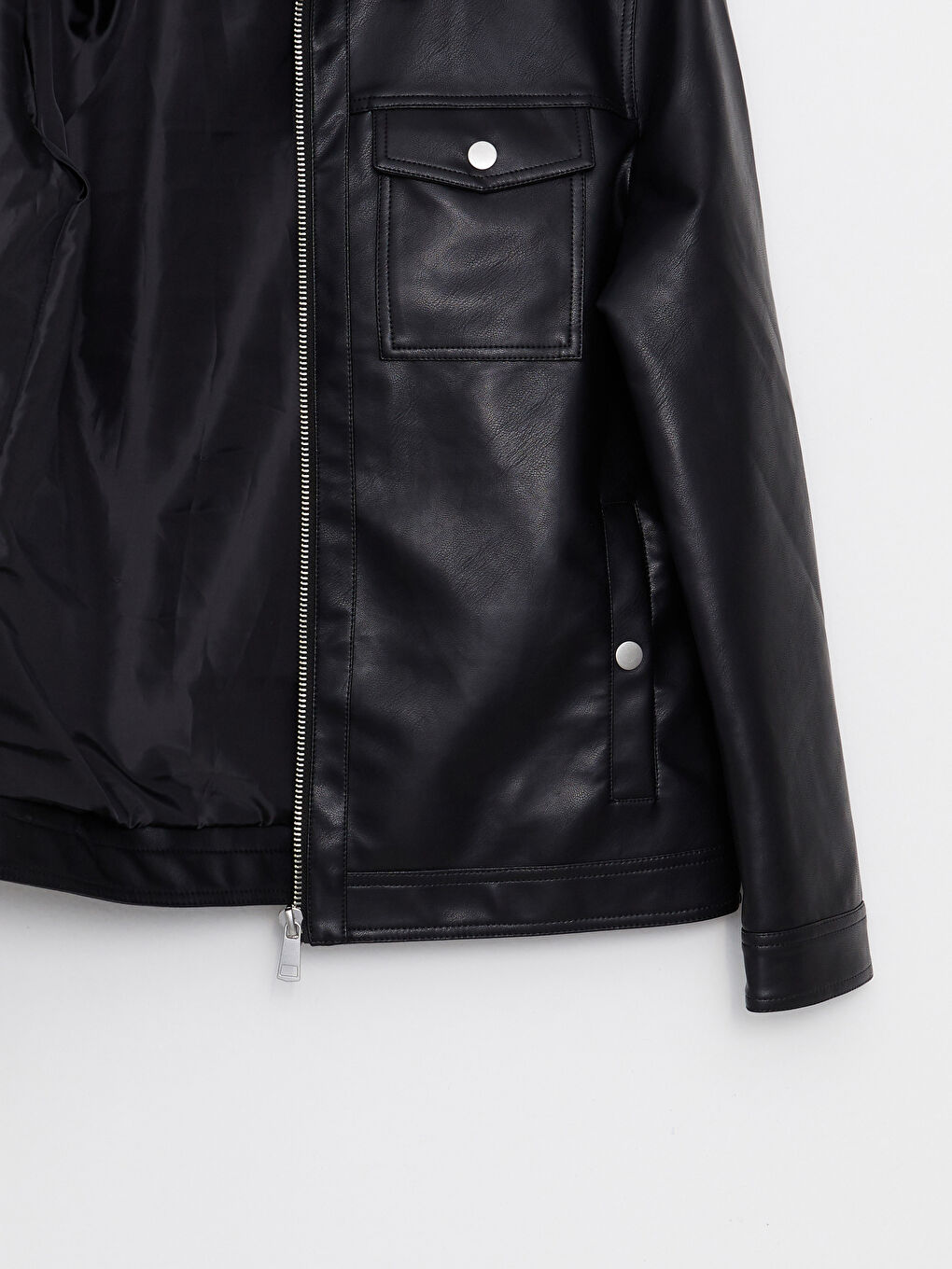 Siyah Slim Fit Gömlek Yaka Erkek Deri Görünümlü Mont-8