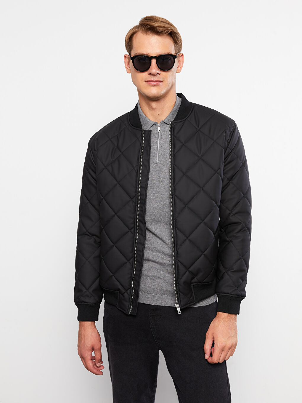 Siyah Standart Kalıp Kolej Yaka Erkek Bomber Deri Görünümlü Mont