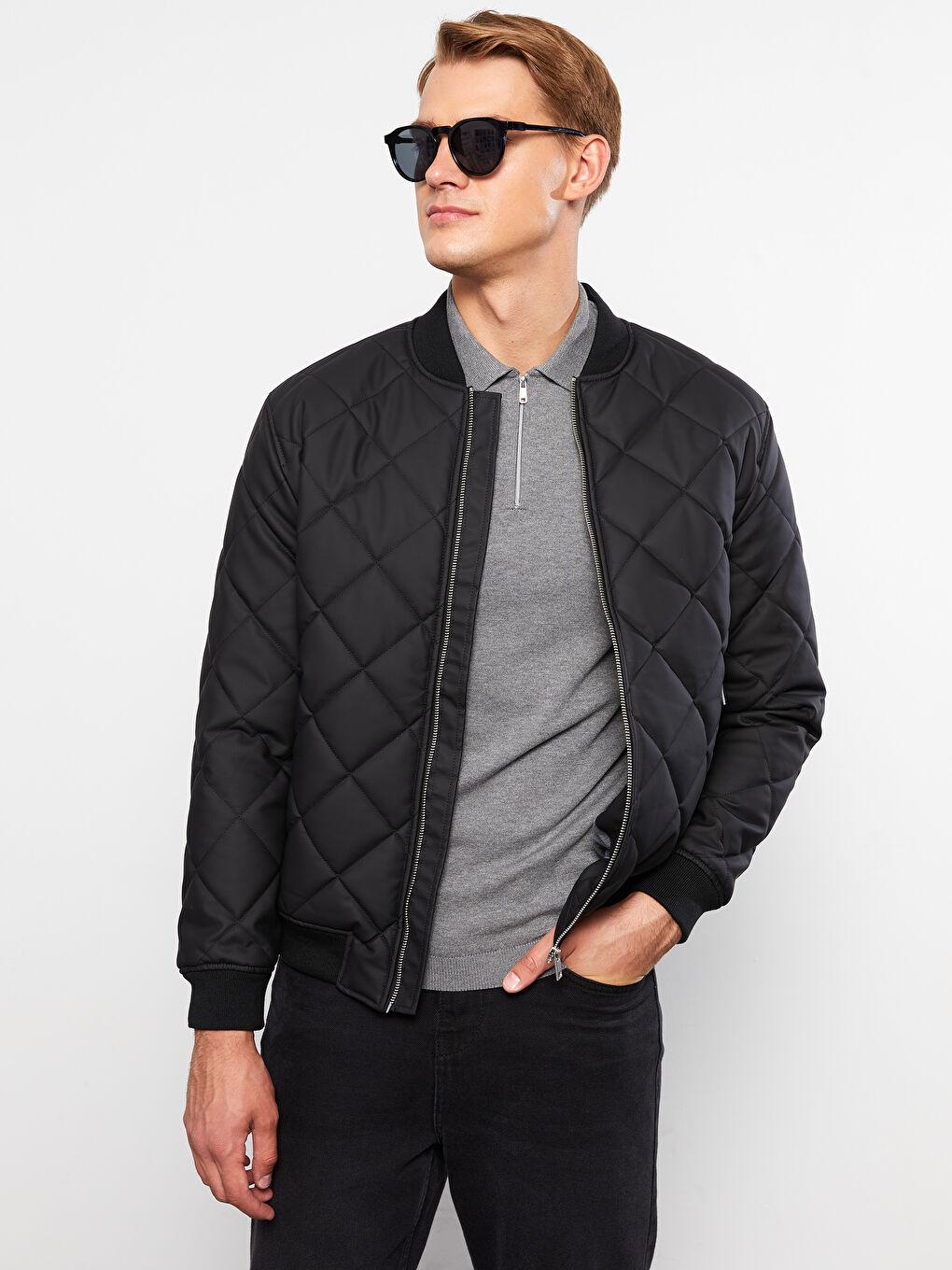 Siyah Standart Kalıp Kolej Yaka Erkek Bomber Deri Görünümlü Mont-1