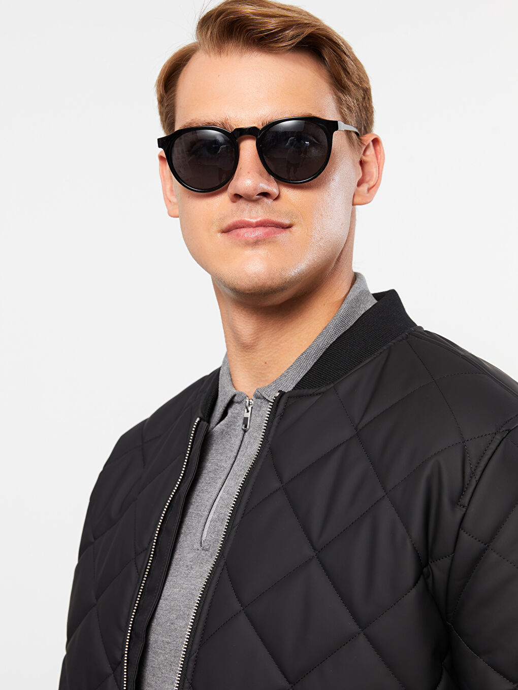 Siyah Standart Kalıp Kolej Yaka Erkek Bomber Deri Görünümlü Mont-2