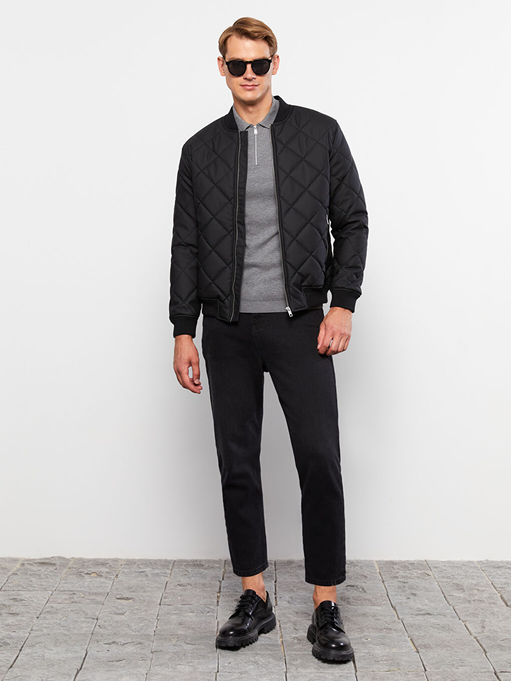 Siyah Standart Kalıp Kolej Yaka Erkek Bomber Deri Görünümlü Mont-3