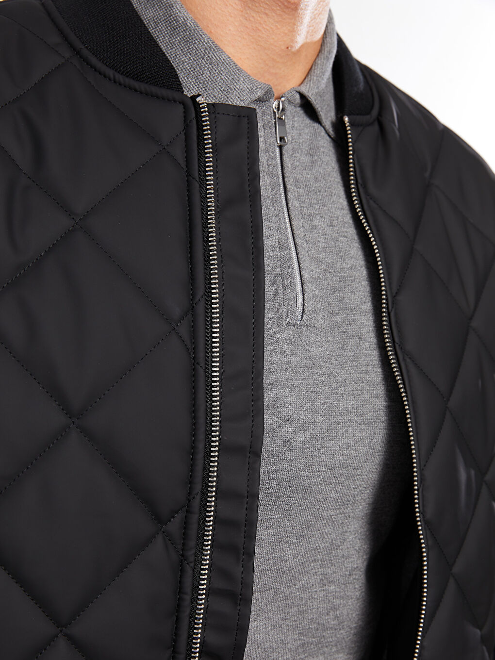 Siyah Standart Kalıp Kolej Yaka Erkek Bomber Deri Görünümlü Mont-4