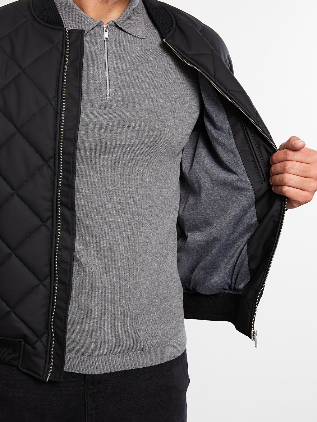 Siyah Standart Kalıp Kolej Yaka Erkek Bomber Deri Görünümlü Mont-5