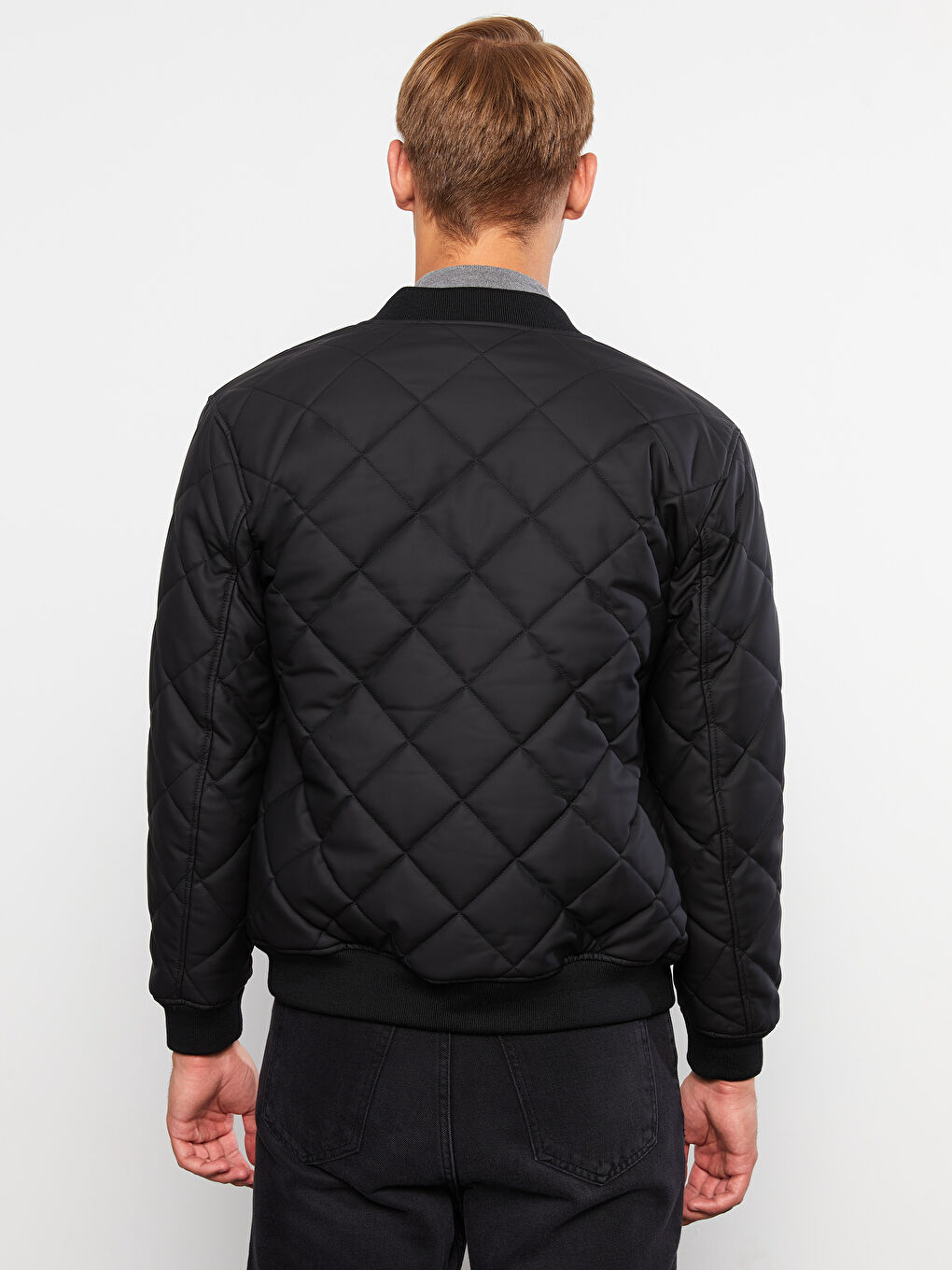 Siyah Standart Kalıp Kolej Yaka Erkek Bomber Deri Görünümlü Mont-6