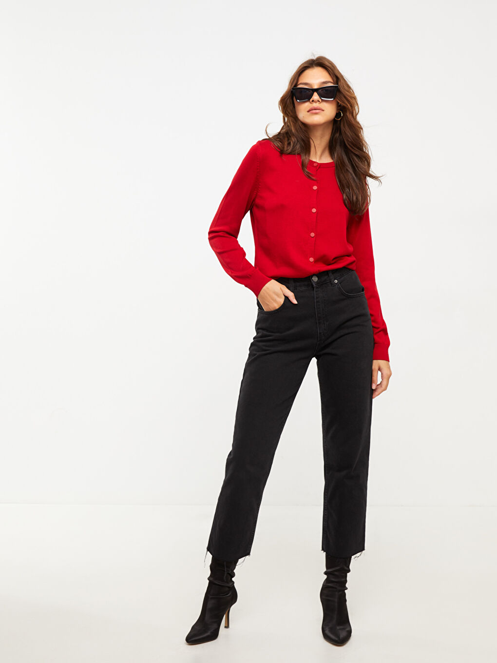 Crew Neck Plain Long Sleeve Women's Knitwear Cardigan-2