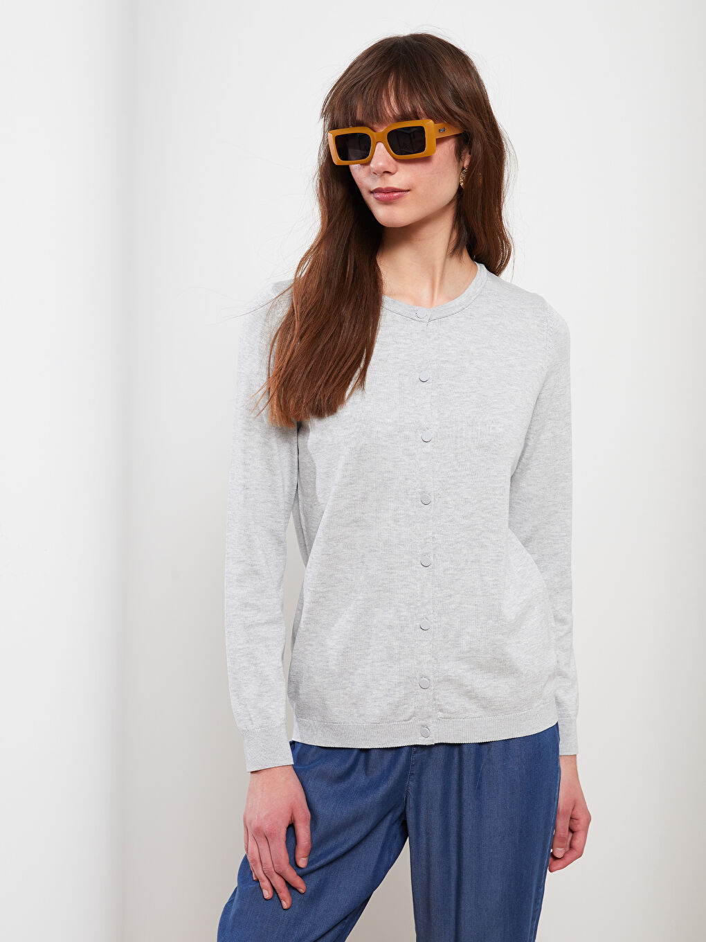 Crew Neck Plain Long Sleeve Women's Knitwear Cardigan-3