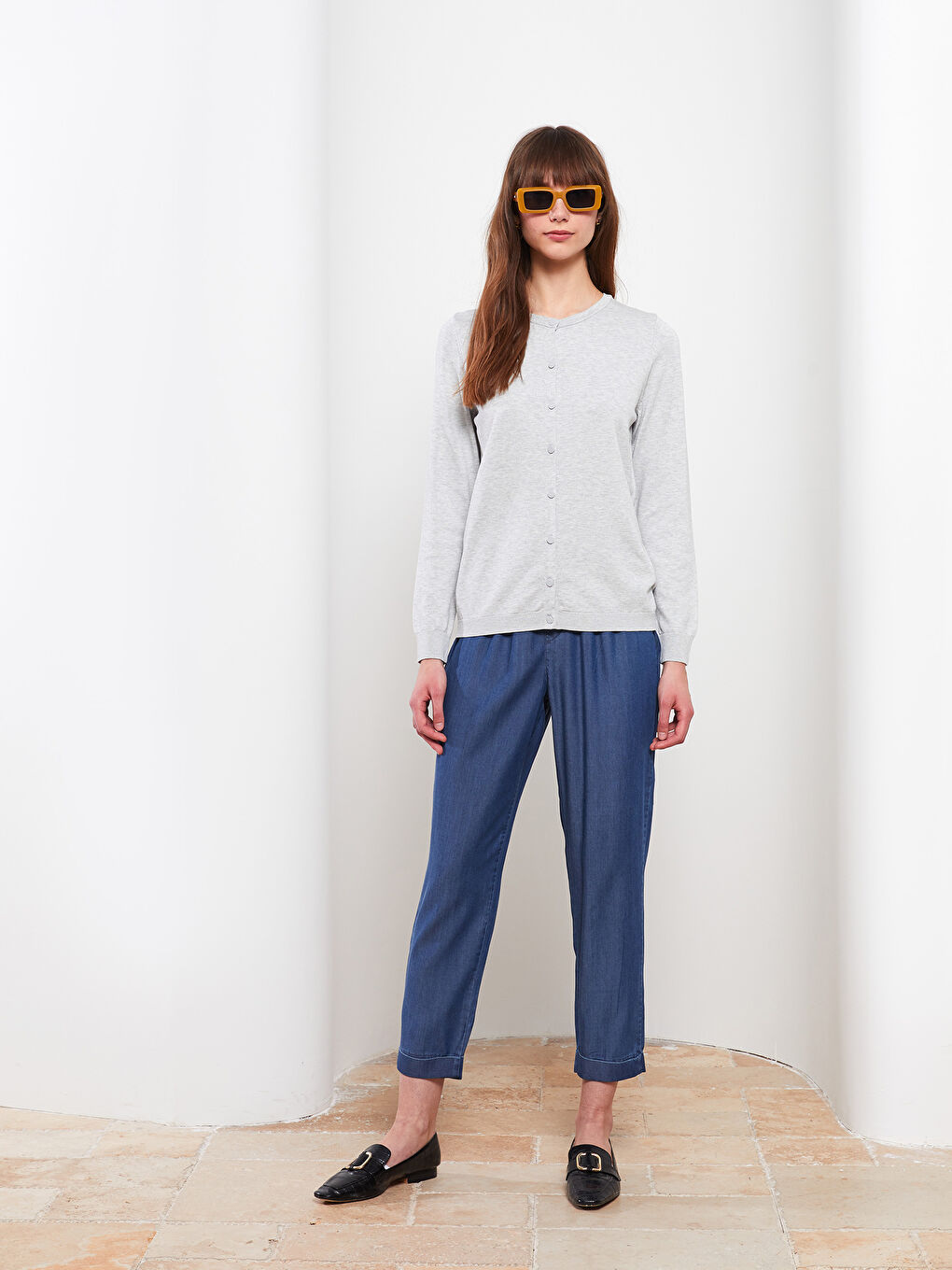 Crew Neck Plain Long Sleeve Women's Knitwear Cardigan-4
