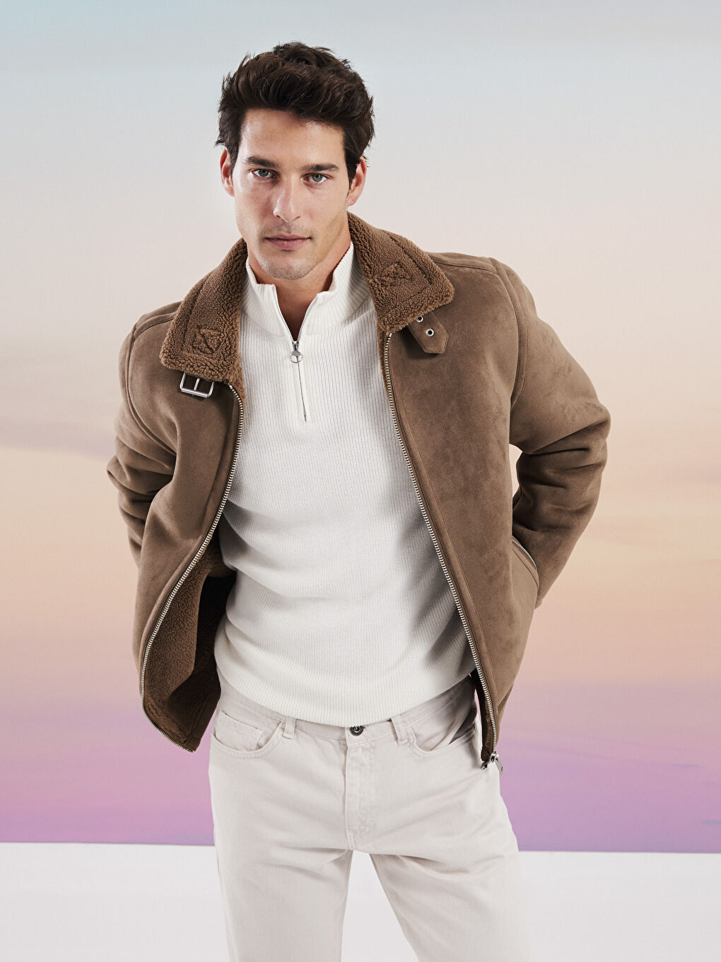 Kahverengi Slim Fit Gömlek Yaka Erkek Süet Mont-12