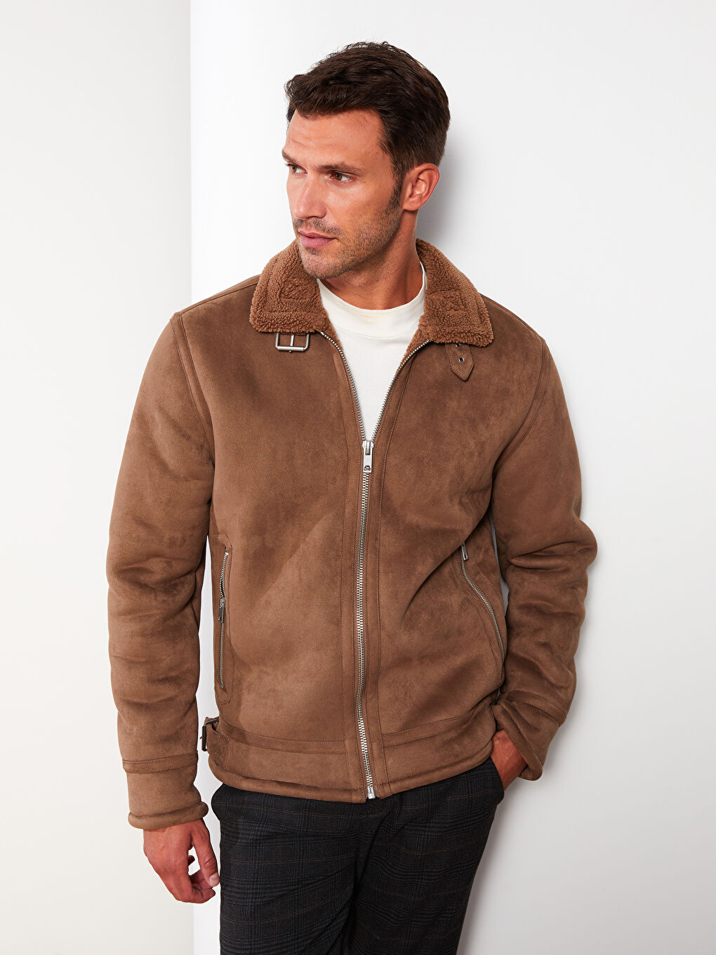 Kahverengi Slim Fit Gömlek Yaka Erkek Süet Mont-3