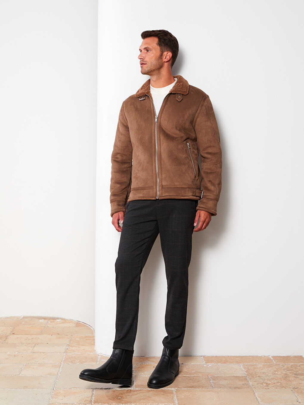 Kahverengi Slim Fit Gömlek Yaka Erkek Süet Mont-5