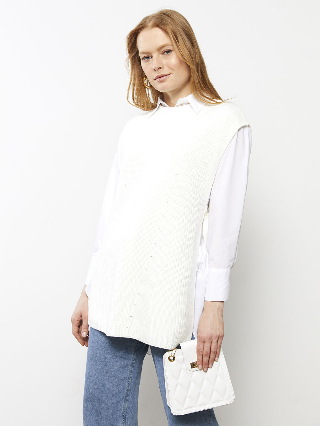 Ekru Bisiklet Yaka Kendinden Desenli Kadın Triko Süveter-1