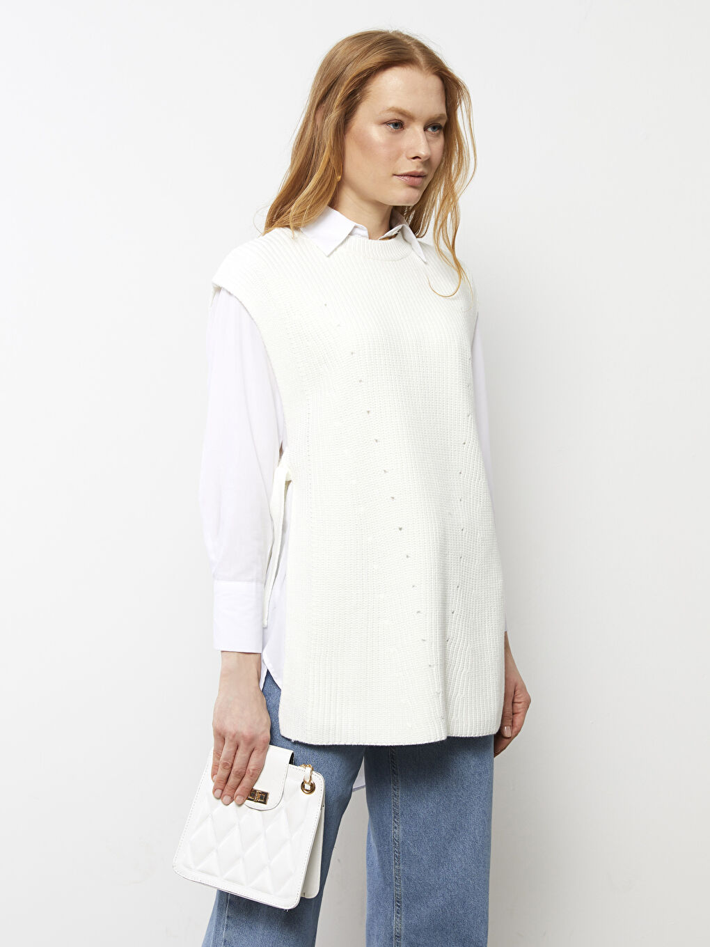 Ekru Bisiklet Yaka Kendinden Desenli Kadın Triko Süveter-2