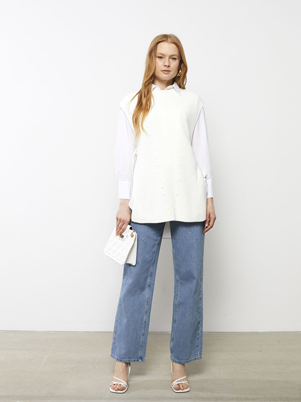 Ekru Bisiklet Yaka Kendinden Desenli Kadın Triko Süveter-3